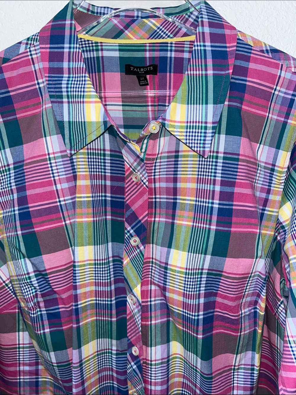 Talbots Plus Pink, Blue, Yellow Plaid Long-Sleeve Button-Down Shirt sz 2X in EUC